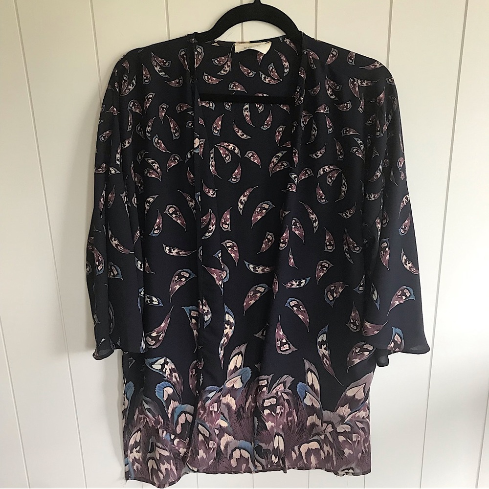Women’s kimono / open front kimono/ Navy blue duster w/ purple/cream/blue leaves